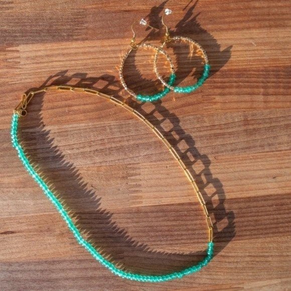 BUNDLE EARRING AND NECKLACE Green Aventurine Sparkly hoops half paperclip chain - Picture 3 of 16
